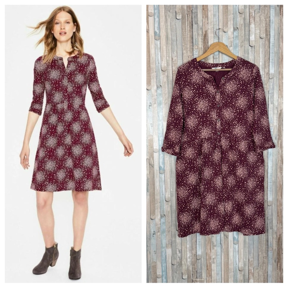 Boden 16 Briar Dress Cotton Knit Henley Neck Mulled Wine Flower Burst Print